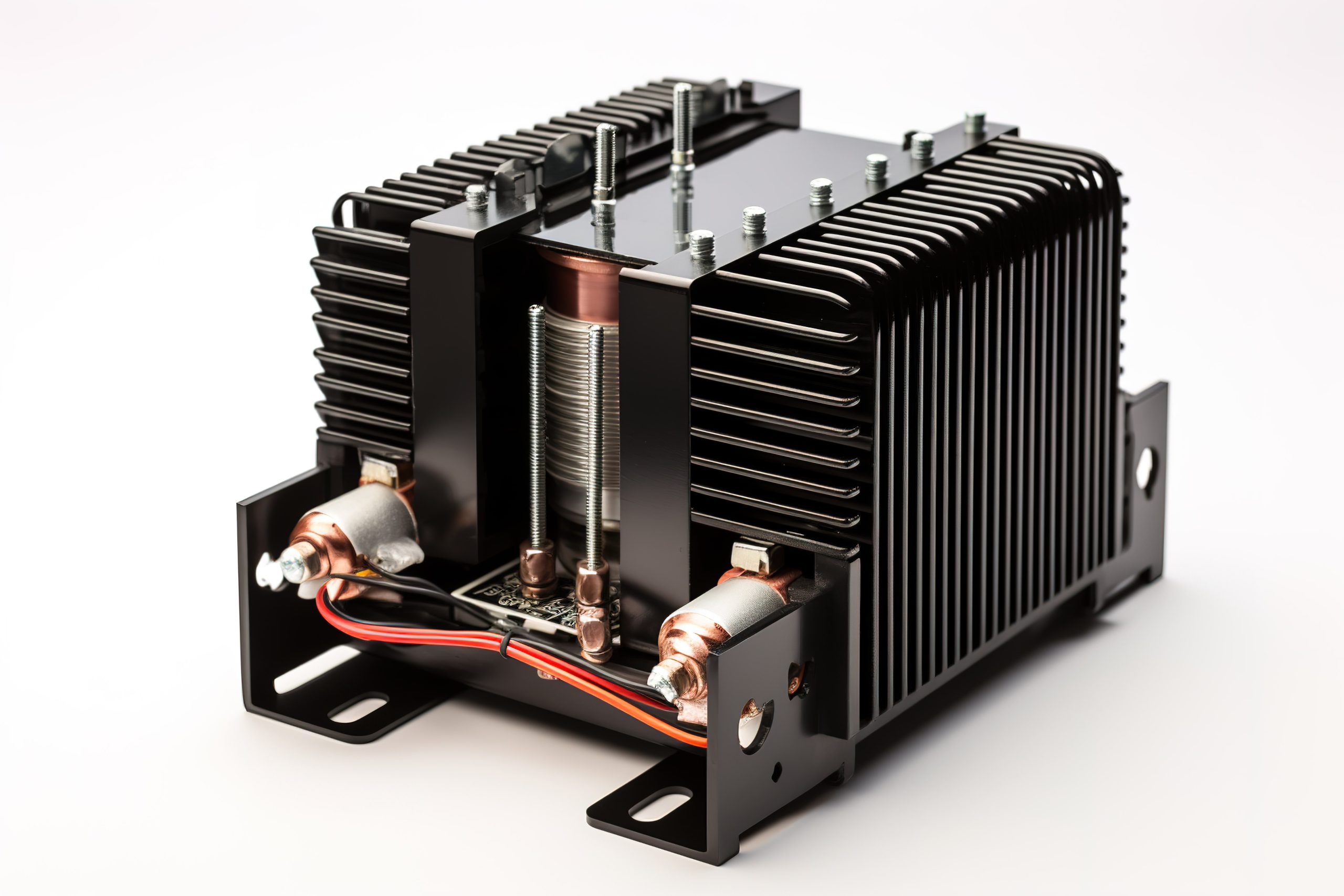 A close-up view of an industrial transformer with a black metal casing and finned heat sink, showcasing copper wiring and components.